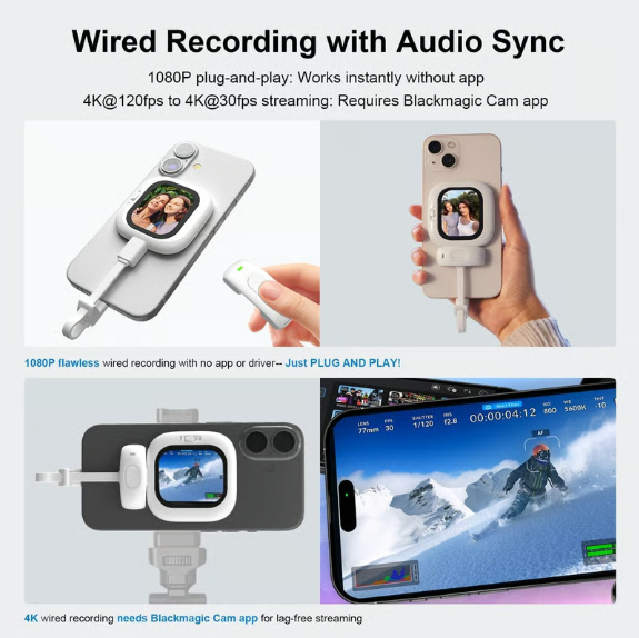 Vlogmate Mini Vlog Selfie Monitor Screen for iPhone, Wired Back Camera Monitor with Bluetooth Remote